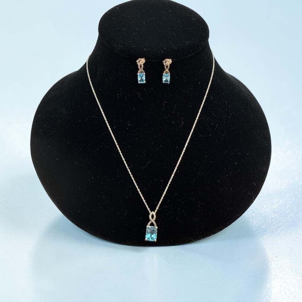 Pierre Meunier 925 Blue Topaz and Diamond/CZ Pendant Necklace & Earrings Set